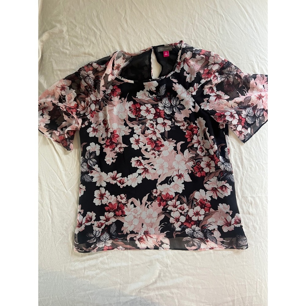 Vince Camuto Floral Chiffon Blouse M Black Pink Sheer Bell Sleeve Layered Top - Picture 4 of 8